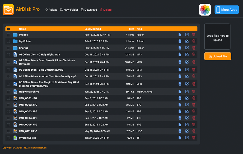 AirDisk browser file-transfer interface with file list, Download action, drop area, and Upload File button
